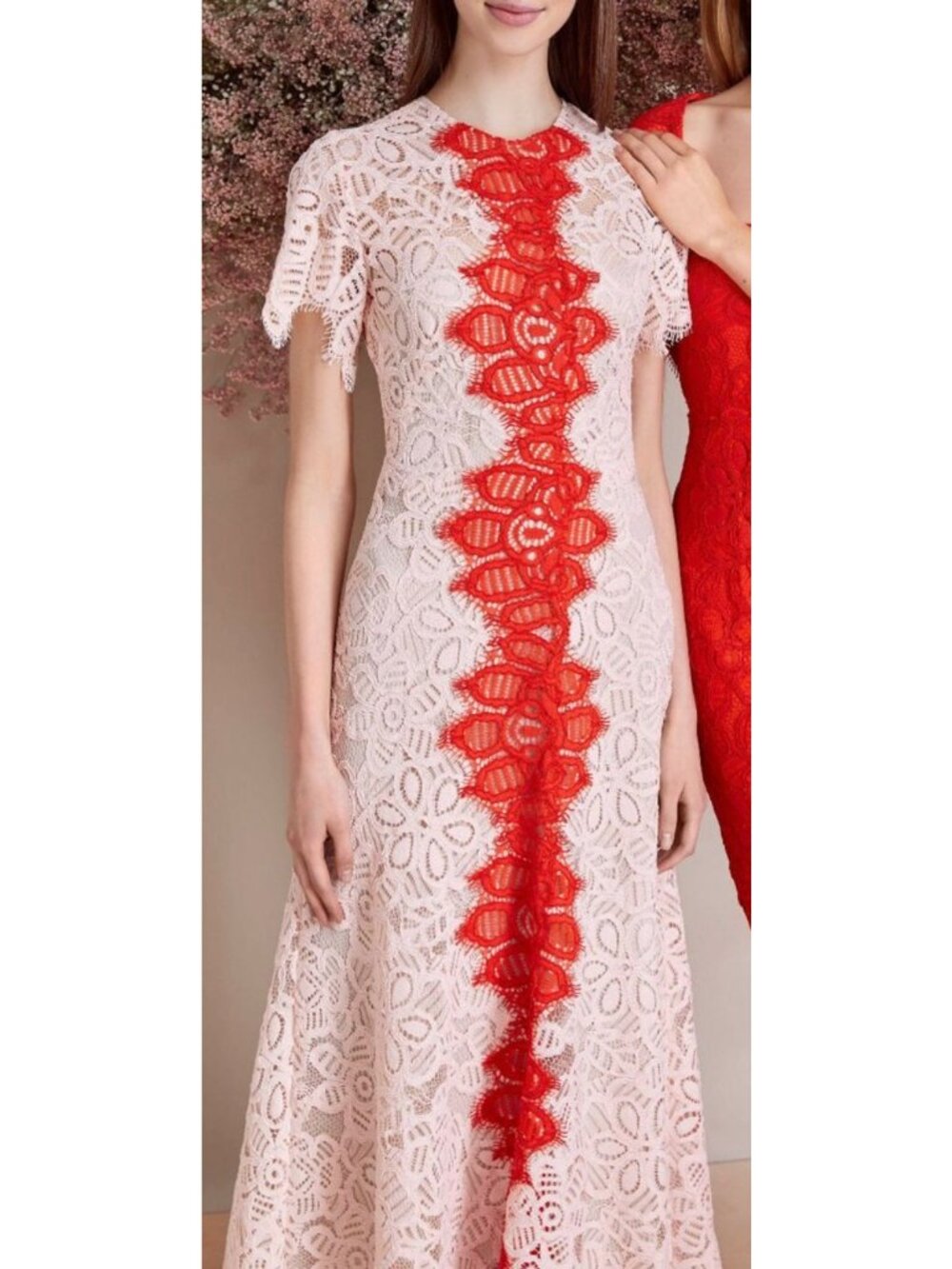 LELA ROSE pink red open neck flutter sleeve eyelash lace midi dress size 20